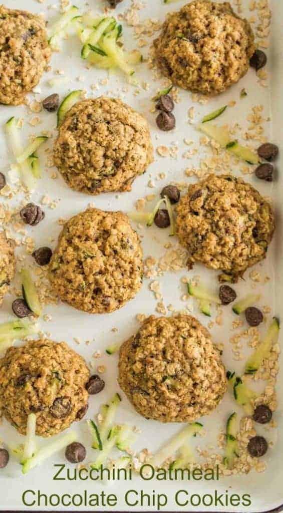 Title Image for Zucchini Oatmeal Chocolate Chip Cookies and a parchment paper-lined cookie sheet with zucchini oatmeal chocolate chip cookies with zucchini shreds, oats and chocolate chips