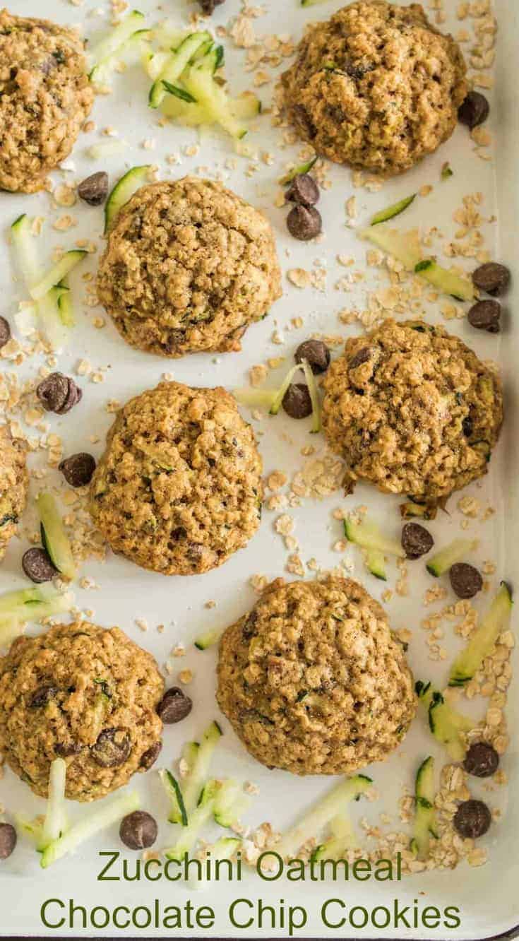 Chocolate Chip Oatmeal Zucchini cookies made with whole wheat flour, oats, chocolate chips, pecans, and shredded zucchini. 