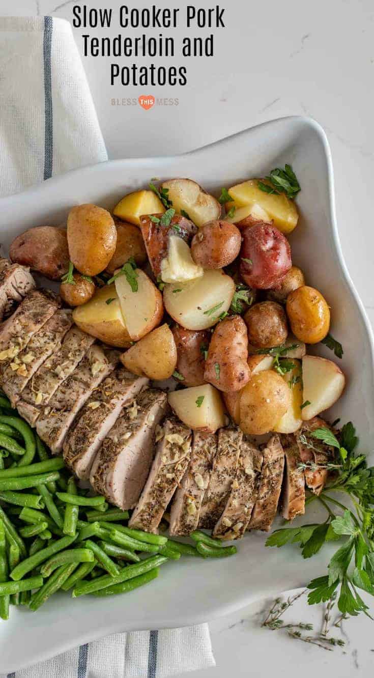 Slow Cooker Pork Tenderloin and Potatoes make the perfect simple dinner with moist and flavorful pork and potatoes that aren't overcooked or soggy. #pork #slowcooker #dinner #tenderloin