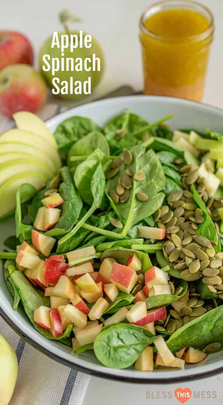 Quick and easy spinach salad recipe with apples, pumpkin seeds, and a simple flavor-filled apple vinaigrette dressing to go with it. 