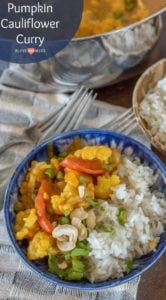 Quick and easy pumpkin cauliflower curry recipe made with canned pumpkin, coconut milk, curry paste, and lots of vegetables for one healthy filling meatless meal. 