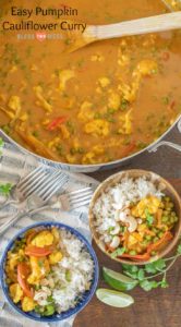 Quick and easy pumpkin cauliflower curry recipe made with canned pumpkin, coconut milk, curry paste, and lots of vegetables for one healthy filling meatless meal. 