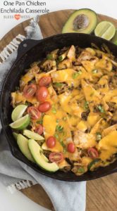 One pan chicken enchilada casserole made on the stove top with ground chicken, enchilada sauce, veggies, and tortillas in less than 30 minutes. 