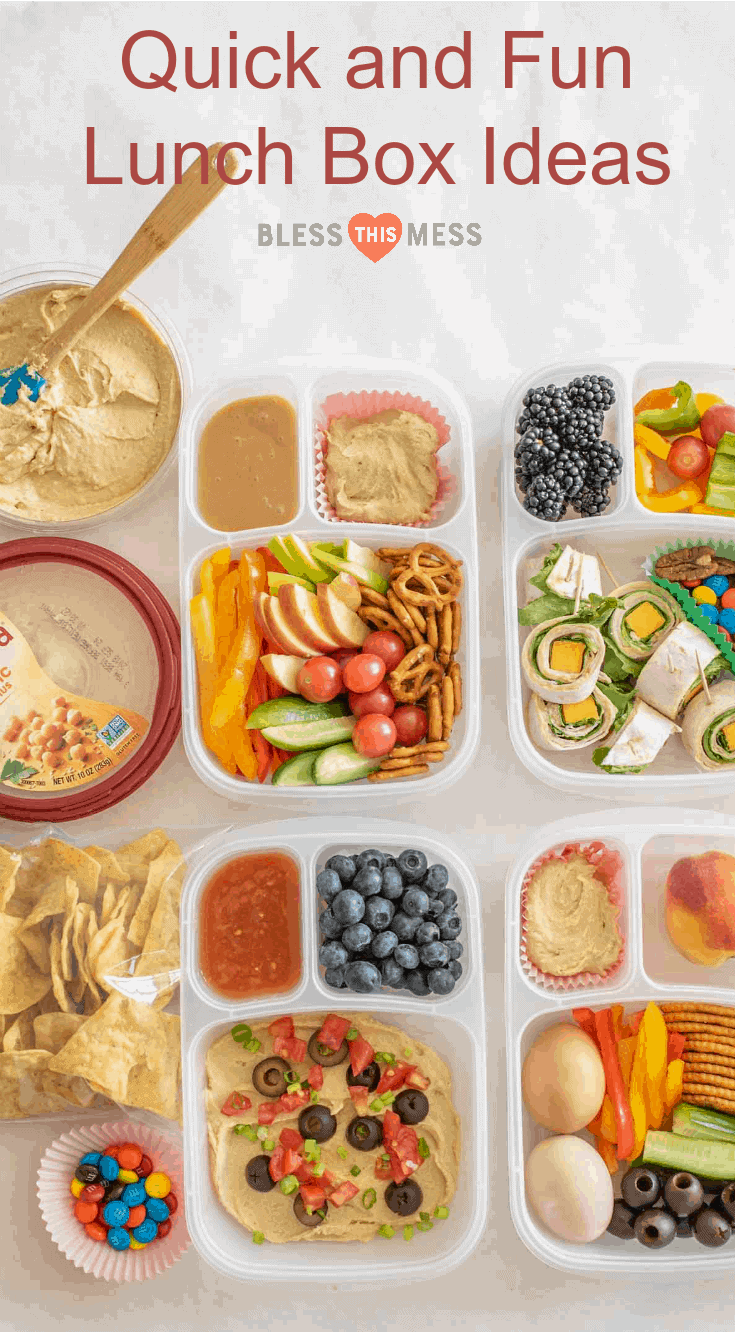 Quick and easy school and adult lunch box ideas made with Sabra Hummus, fruit, vegetables, and more. #lunch #lunchbox #lunchboxideas #hummus #schoollunch