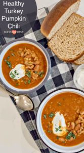 Quick and easy and healthy turkey pumpkin chili recipe made with ground turkey, canned tomatoes, pumpkin puree, beans, and lots of hearty spices. 