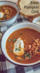 Quick and easy and healthy turkey pumpkin chili recipe made with ground turkey, canned tomatoes, pumpkin puree, beans, and lots of hearty spices. 