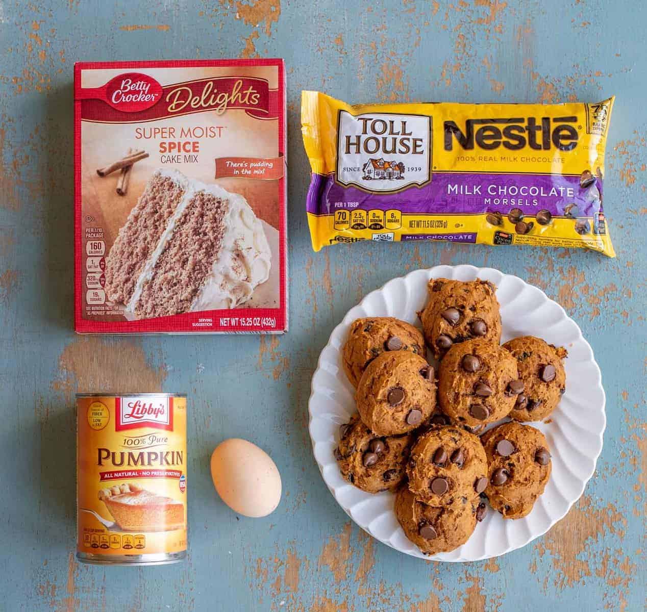 Quick and easy pumpkin chocolate chips cookies made with only 4 ingredients including a cake mix.