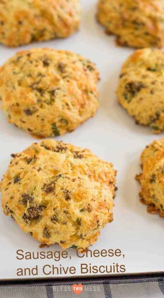 Title Image for Sausage, Cheese and Chive Biscuits and a white platter of sausage, cheese and chive biscuits