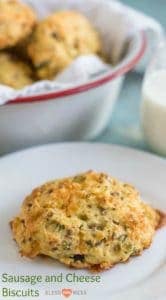 Sausage and Cheese Biscuits are like a breakfast sandwich all mixed together; sausage, chives, and cheddar cheese all baked into a hardy biscuit. 