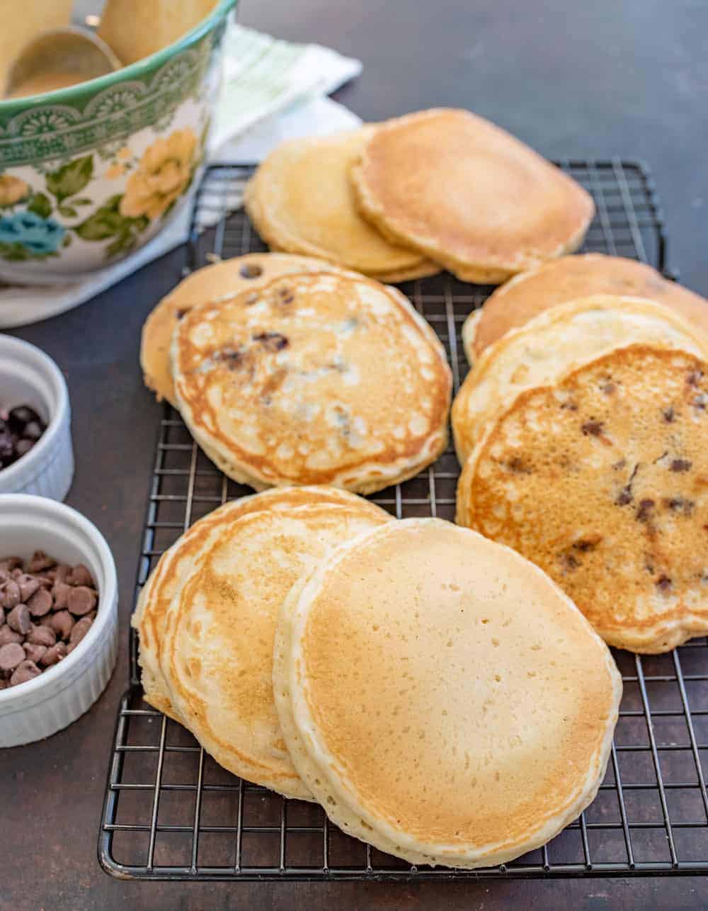 Tried and true simple homemade pancakes that are light and fluffy easy to make and can be made traditional, whole wheat, or with blueberries or chocolate chips. 
