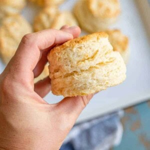 POV hand holding a flaky buttermilk biscut