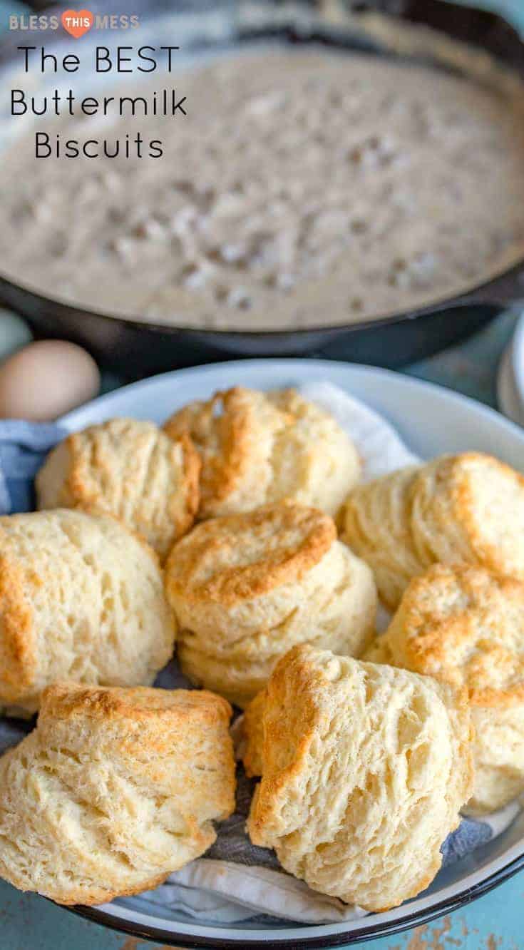 The best recipe for buttermilk biscuits that are extra tall, flaky, fluffy and perfect to eat on their own or piled high with gravy. #biscuit #biscuits #gravy #buttermilk #homemade