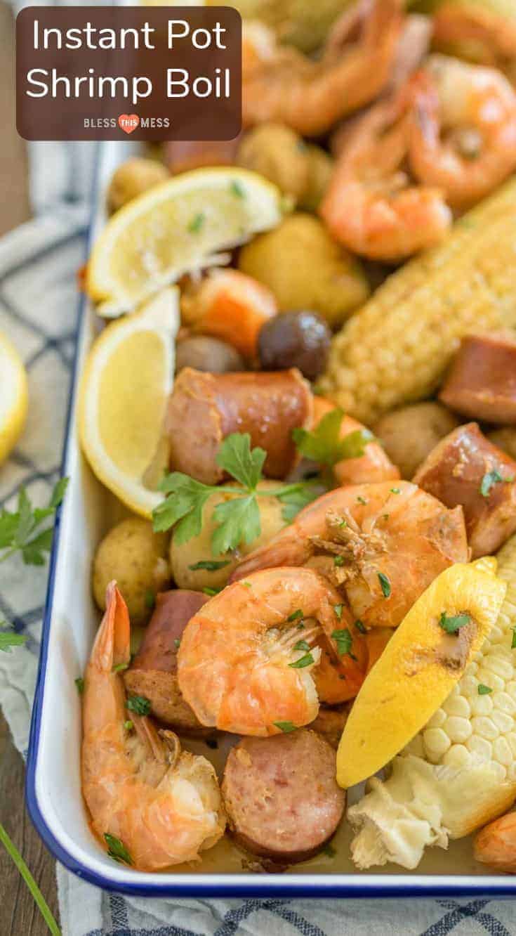 Quick and easy Instant Pot Shrimp Boil made with potatoes, corn, shrimp, sausage and just a few simple seasonings.