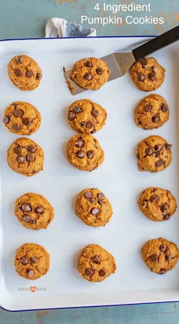 Quick and easy pumpkin chocolate chips cookies made with only 4 ingredients including a cake mix.