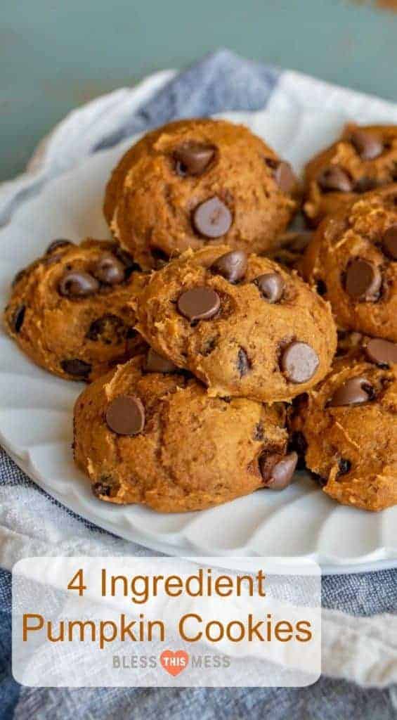 Title Image for 4 Ingredient Pumpkin Cookies and a pile of pumpkin chocolate chip cookies on a round white plate