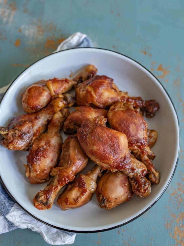 Bowl of slow cooker chicken legs