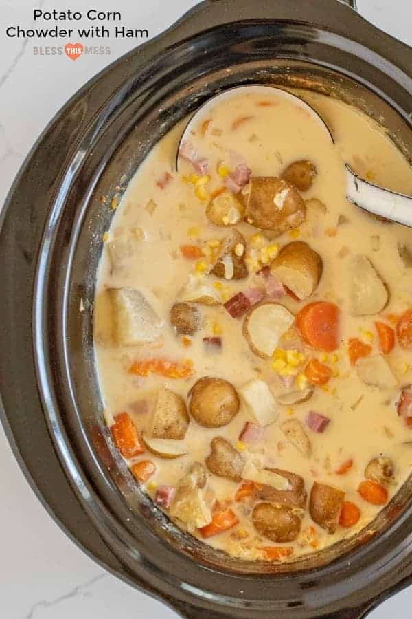 Simple slow cooker potato and corn chowder made with simple ingredients you already have in the pantry, and it’s packed with flavor.