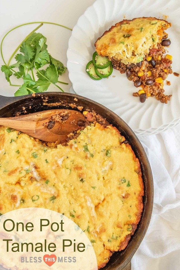One Pan Tamale pie is made with a rich meat and vegetable filling topped with a golden cornbread crust that has cheese and green onions in it, all made in one skillet. 