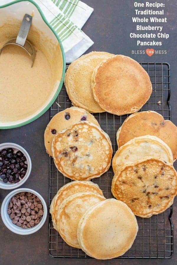 Tried and true simple homemade pancakes that are light and fluffy easy to make and can be made traditional, whole wheat, or with blueberries or chocolate chips. 