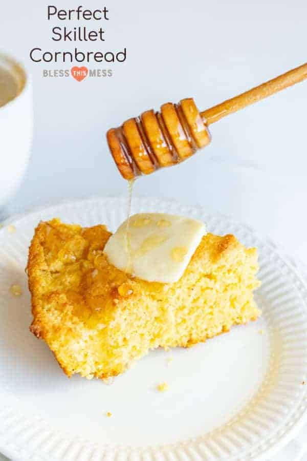 Cast Iron Skillet Cornbread that is tender in the middle, lightly sweet, and has a perfect crust on the bottom thanks to melting butter in your skillet before adding the batter!