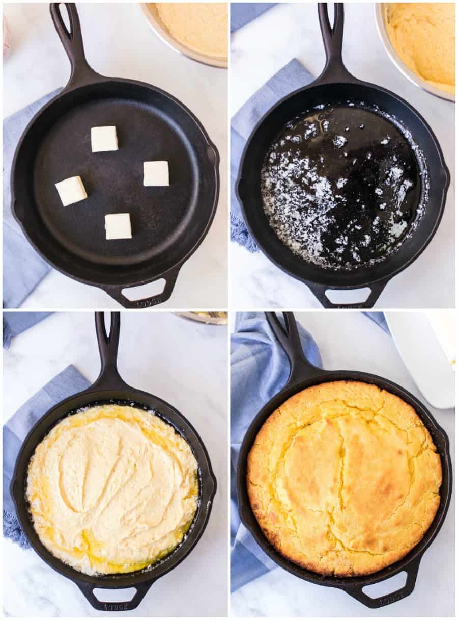 skillet cornbread how to image: 4 steps in making cast iron skillet 1. butter in pan 2. melt butter 3. add batter 4. cook