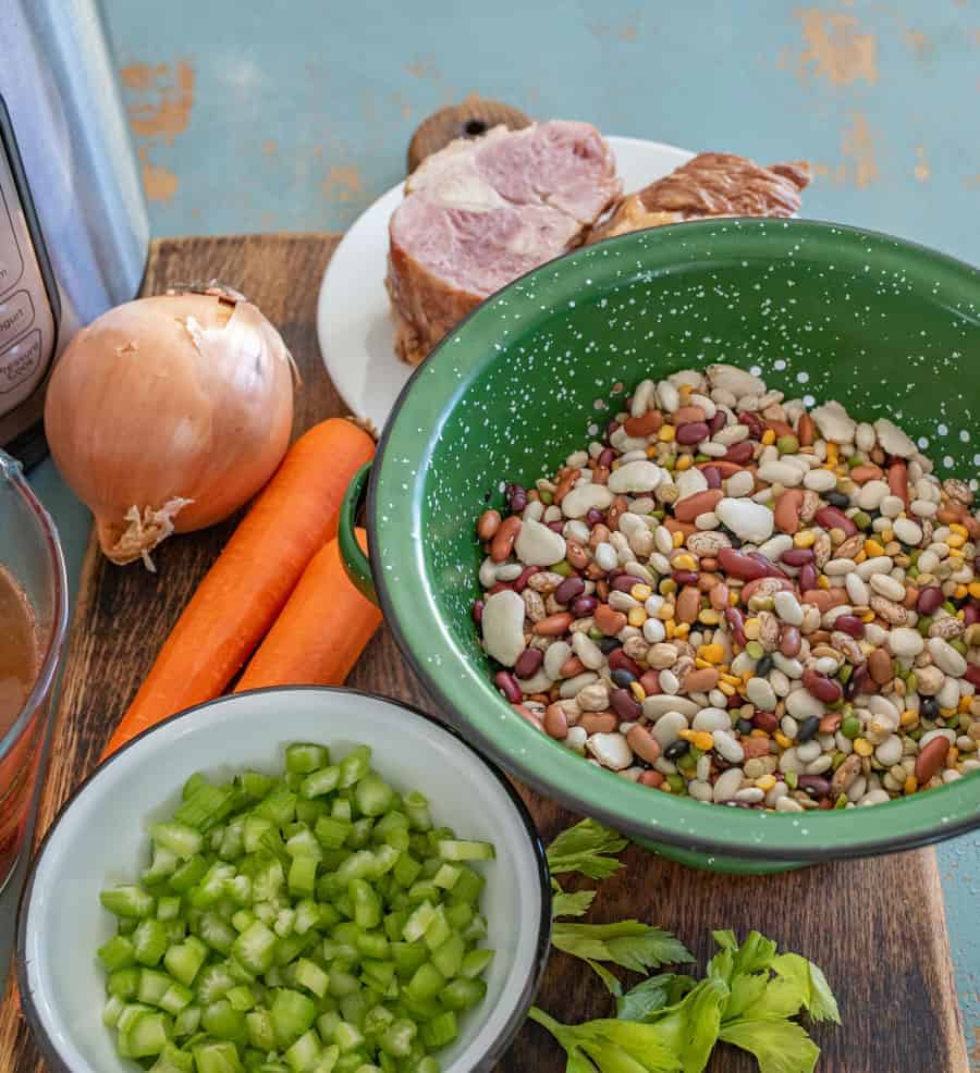 Hearty 15 Bean Soup in the Instant Pot made with ham, broth, veggies, and my favorite Hurst dried beans, perfect with a side of cornbread.