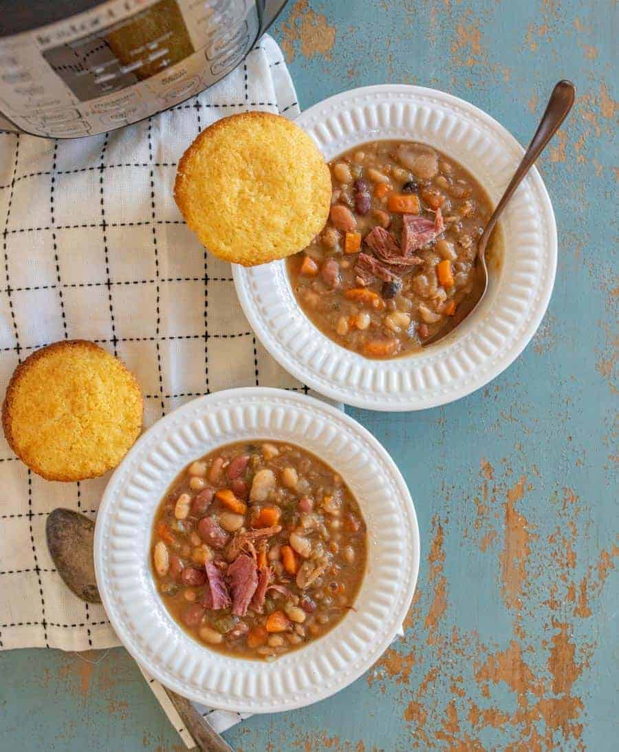 Hearty 15 Bean Soup in the Instant Pot made with ham, broth, veggies, and my favorite Hurst dried beans, perfect with a side of cornbread.