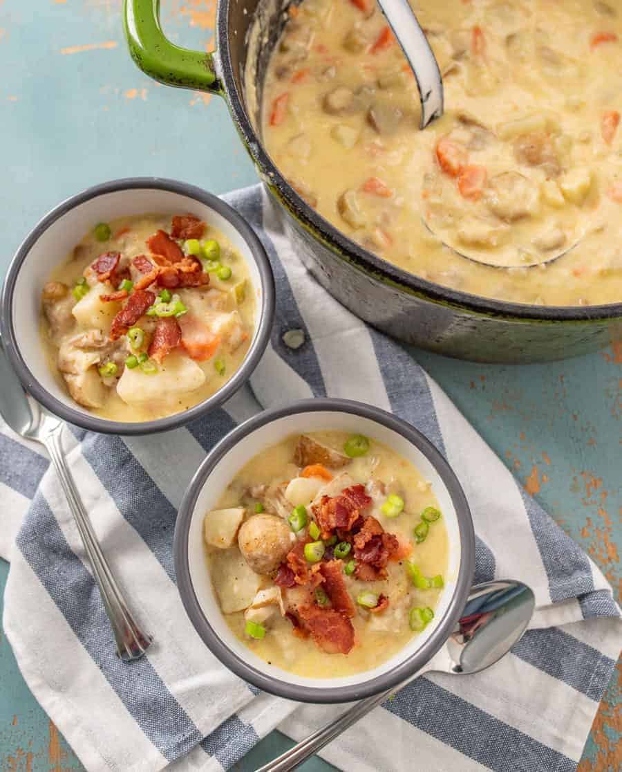 Classic creamy potato chowder with bacon, lots of veggies, potatoes, and made creamy with the addition of sour cream.