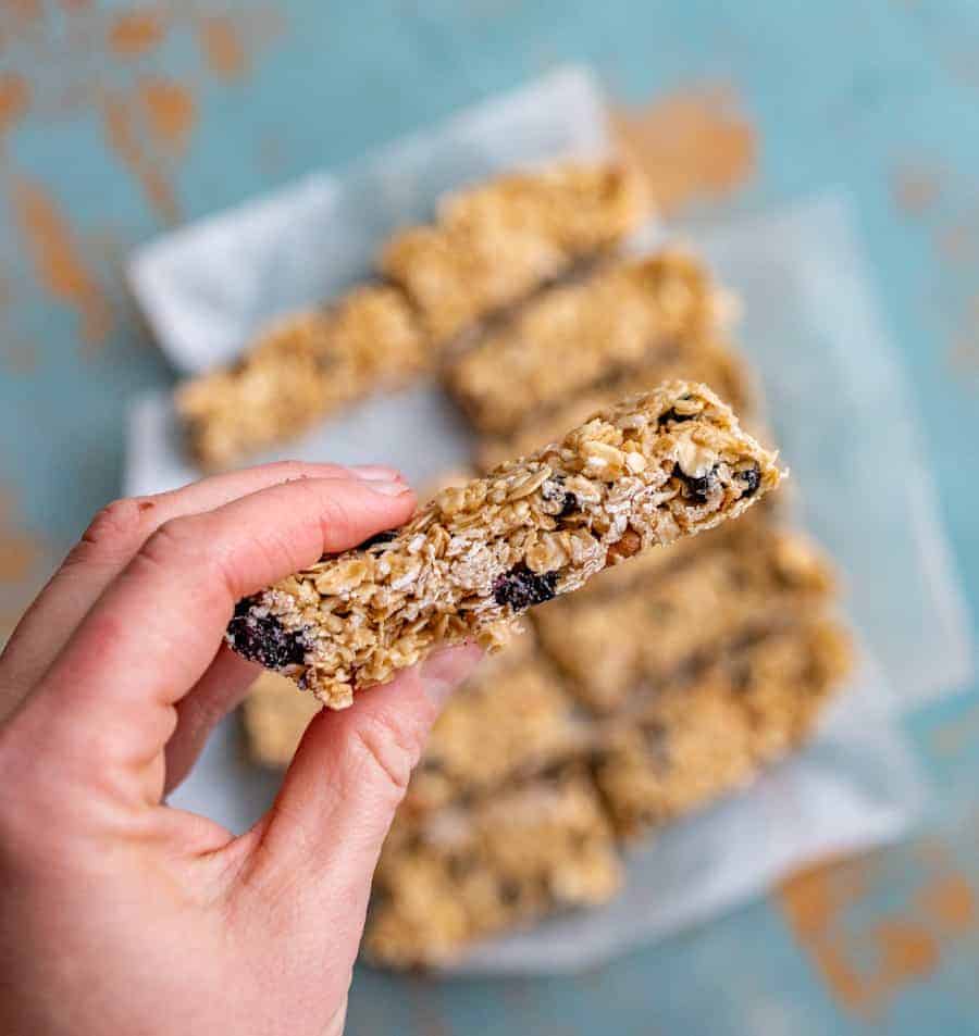 My all-time favorite blueberry walnut granola bar recipe made with whole grain oats, nuts, honey, and a few other simple ingredients.