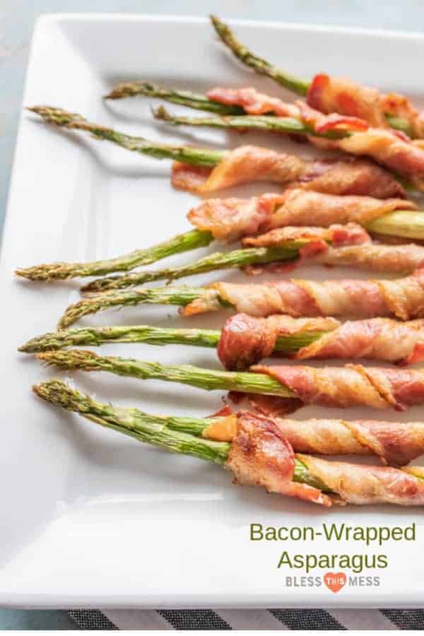 Title Image and a platter of Bacon-Wrapped Asparagus
