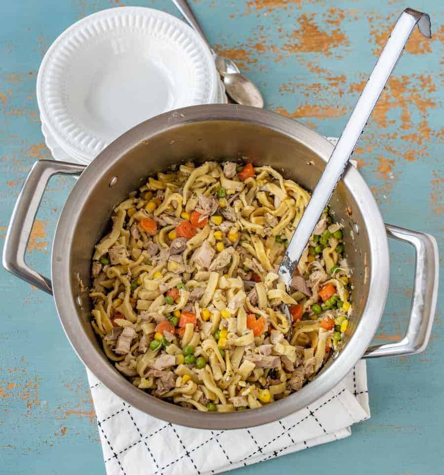 This comforting Chunky Chicken Noodle Soup will brighten any gloomy day and combat any head cold with its hearty combination of shredded chicken (or turkey), egg noodles, carrots, peas, corn, and lots of flavor-packing spices.