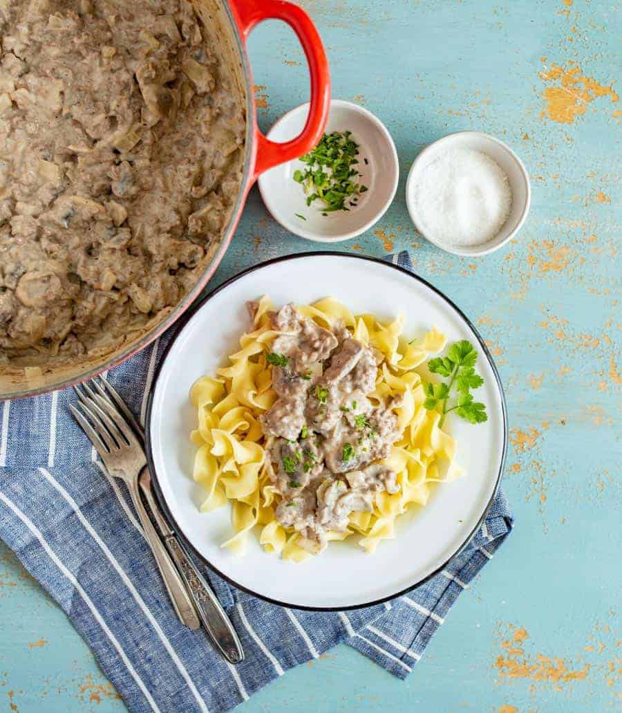 Quick and easy Homemade Ground Beef Stroganoff is an easy dinner that the whole family will love, made with ground beef, mushrooms, and sour cream, and done in less than 30 minutes.