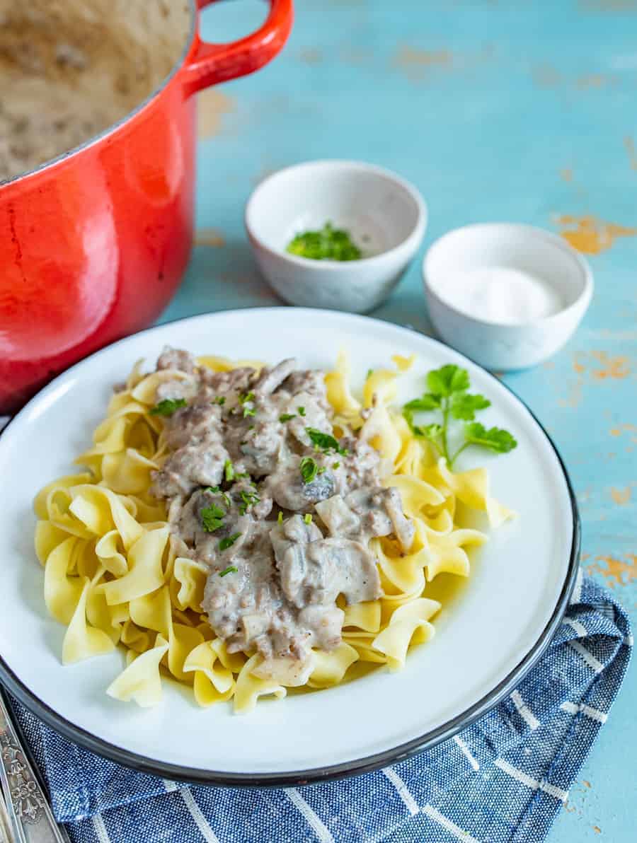 Quick and easy Homemade Ground Beef Stroganoff is an easy dinner that the whole family will love, made with ground beef, mushrooms, and sour cream, and done in less than 30 minutes.