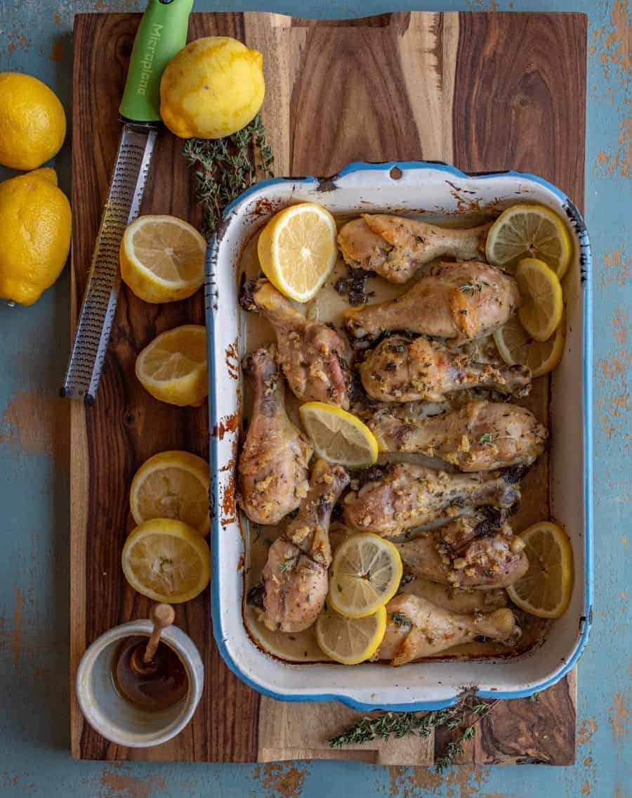 Delicious lemon garlic baked chicken legs that are full of flavor, easy to make, and loved by the whole family. One of our favorite baked chicken legs recipes!