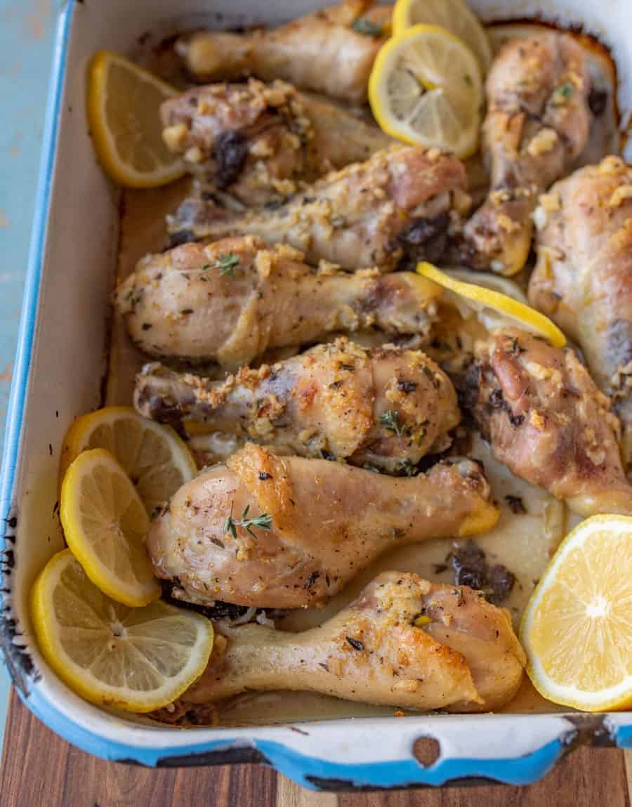 Delicious lemon garlic baked chicken legs that are full of flavor, easy to make, and loved by the whole family. One of our favorite baked chicken legs recipes!