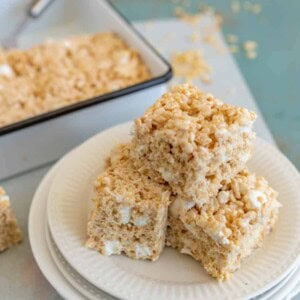 A stack of rice krispies on plates, ready to enjoy—perfect for anyone searching for a classic rice krispie treats recipe.