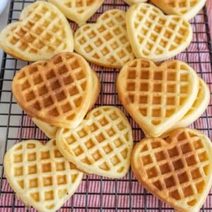 The Best Classic Waffles Recipe with heart shaped waffles.