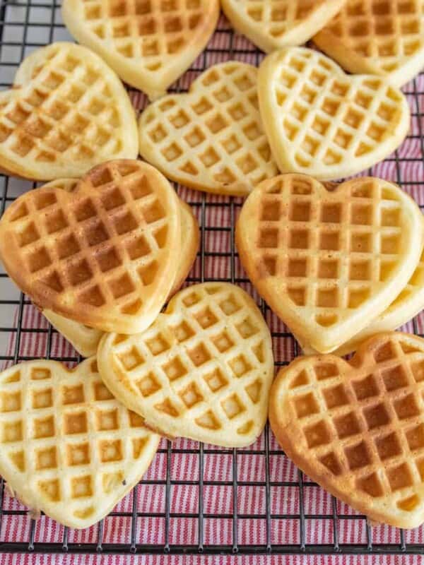 The Best Classic Waffles Recipe with heart shaped waffles.