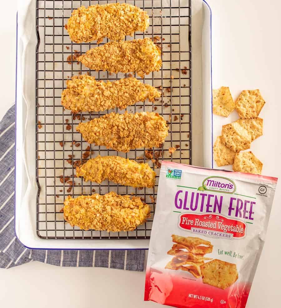 Extra Crunchy Baked Chicken Strips are a delicious spin on fried chicken strips, without the splatter on your stovetop (score!). The Fire Roasted Vegetable flavor of Milton's crackers brings the crunch and full flavor to this seriously delectable dish.