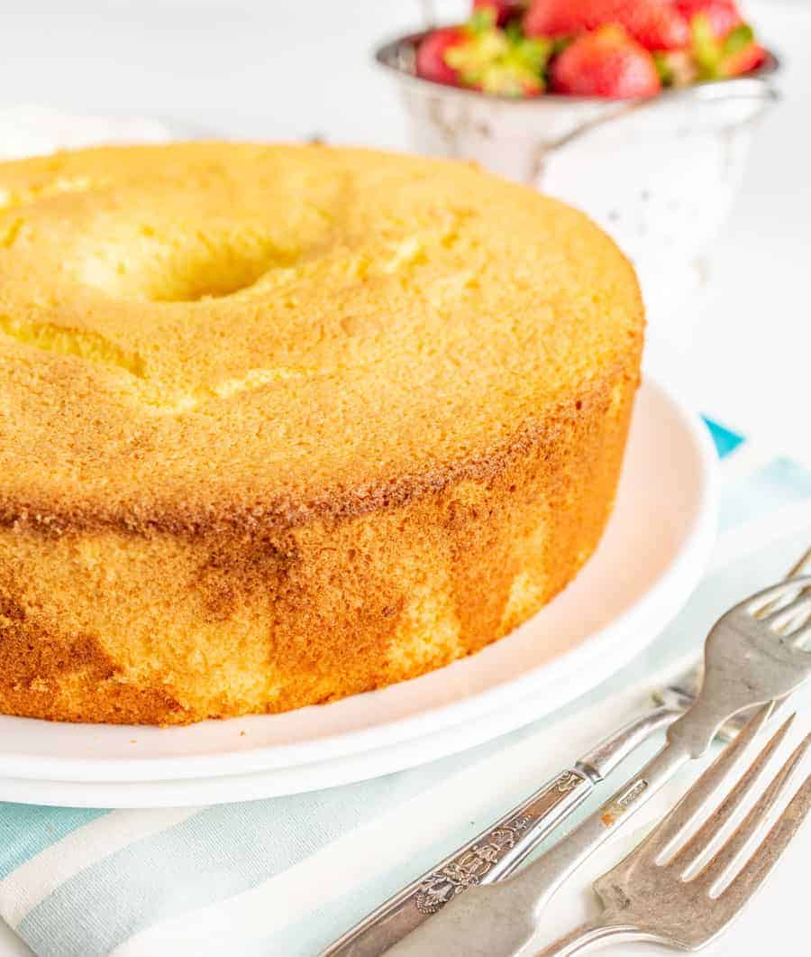 Lemon Chiffon Cake is like a zesty combination of pound cake and angel food cake... It's light, fluffy, and citrusy without any fussiness.