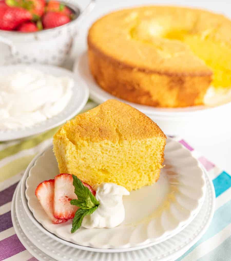 Lemon Chiffon Cake is like a zesty combination of pound cake and angel food cake... It's light, fluffy, and citrusy without any fussiness.