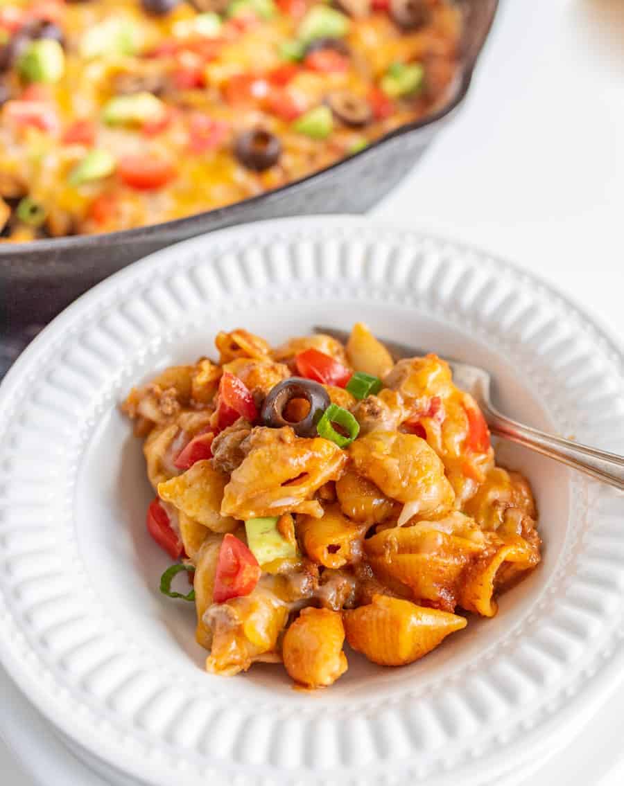 Skillet Taco Pasta made with ground beef — Bless this Mess