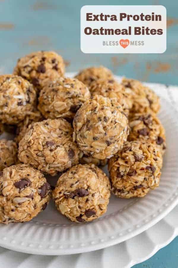 Title Image for Extra Protein Oatmeal Bites with a pile of oatmeal chocolate chip balls on a white plate