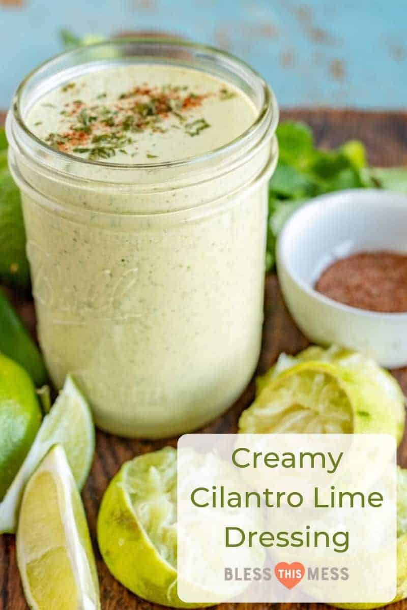 Rich and Creamy Cilantro Lime Dressing made with green salsa, mayo, and more that is perfect for your favorite taco salad or to add to nachos! #cilantrolimedressing #saladdressing #tacosalad