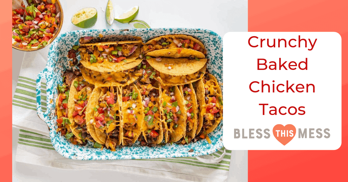 Crispy and Crunchy Baked Chicken Tacos are a quickly thrown-together and satisfying meal, complete with baked chicken, taco seasoning, black beans, hard taco shells, and plenty of shredded cheddar cheese.