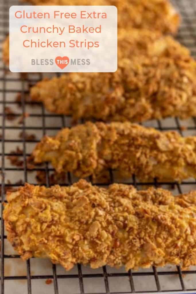 Pinterest Image for Gluten-Free Extra Crunchy Baked Chicken Strips with crunchy breaded chicken strips on a cooling rack
