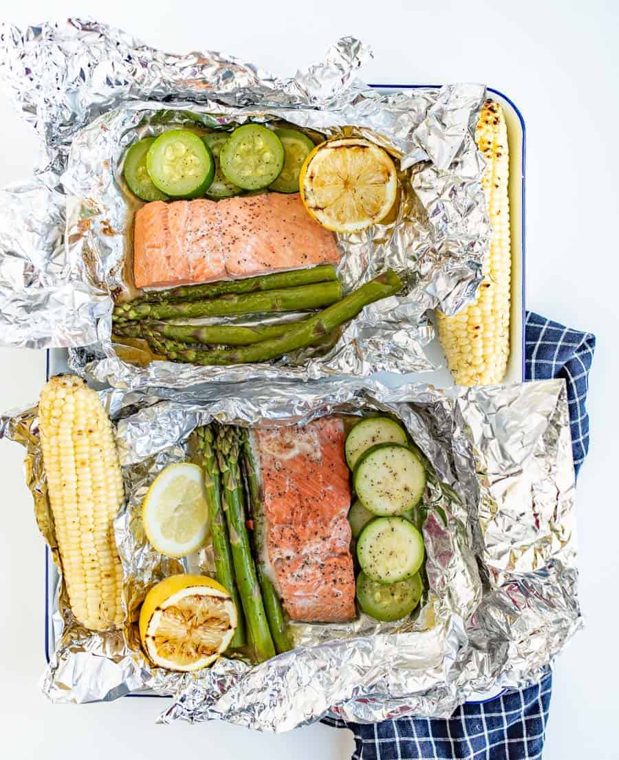 A fresh and fast meal, Grilled Salmon Foil Packs with Veggies couldn't be easier to toss together and grill up quickly with the simple flavorings of some lemon, butter, salt, and pepper.