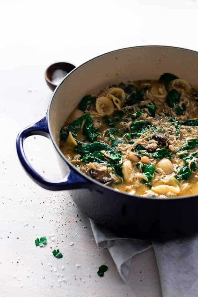 Italian chicken mushroom soup in a dutch oven pot