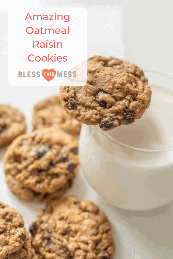 Title Image for Amazing Oatmeal Raisin Cookies with several oatmeal raisin cookies and a glass of milk
