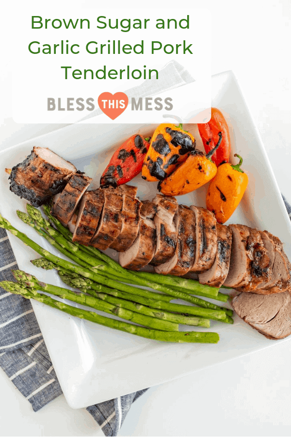 Title Image for Brown Sugar and Garlic Grilled Pork Tenderloin and a white square plate with asparagus spears, grilled sliced pork tenderloin and grilled mini bell peppers